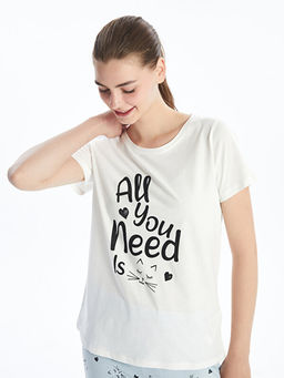 Bisiklet Yaka Bask?l? K?sa Kollu Kad?n Pijama Tak?m?