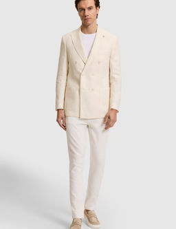 Beyaz Slim Fit Y_n Keten Kar___ml_ Bal_ks_rt_ K_rlang__ Yaka Kruvaze Ceket