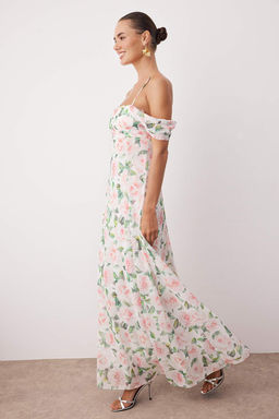 Cok Renkli Cicekli Sifon Dokuma Dusuk Kol Mezuniyet Abiye Elbise TPRSS25AE00185 - Trendyolmilla фото 2