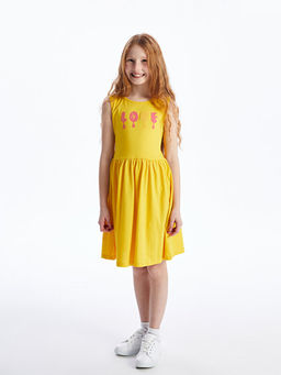 Bisiklet Yaka Bask?l? K?z ?ocuk Elbise