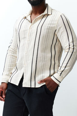 Siyah Regular Fit Cizgili Etamin Buyuk Beden Keten Gorunumlu Gomlek TMNSS24AX00004