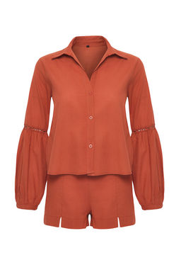 Siyah Dokuma Y?rtmacl? %100 Pamuk Plaj Gomlek-Sort Tak?m TBESS25AU00057 - Trendyolmilla фото 11