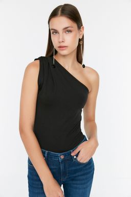 Siyah Asimetrik Yakal? Alttan C?tc?tl? Esnek Orme Body TWOSS22BD00014