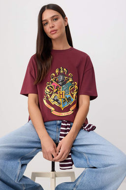Bordo Harry Potter Lisansl? Oversize/Genis Kal?p Tok %100 Pamuk Orme T-Shirt TWOSS26TS00141