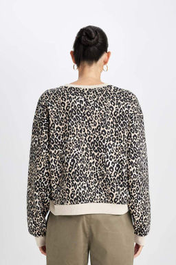 Толстый свитшот свободного кроя с круглым вырезом и леопардовым узором - Defacto фото 6