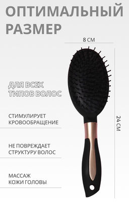 Расчёска массажная, прорезиненная ручка, 8×24 (±1) см, чёрная