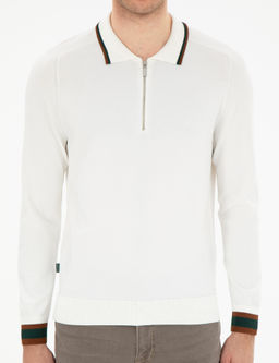 Ekru Slim Fit Fermuarl_ Polo Yaka Kazak