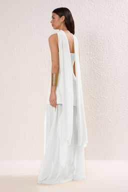 Beyaz Sal Detayl? Dokuma Maxi Abiye & Mezuniyet Elbisesi TPRSS25AE00188