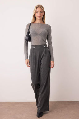 Antrasit Diagonel Pileli Dugmeli Wide Leg/Genis Paca Orme Pantolon TWOAW26PL00041