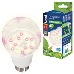 LED-A60-15W/SPFB/E27/CL PLP30WH Лампа светодиодная для растений. Форма "A", прозрачная. Спектр для фотосинтеза. Картон. ТМ Uniel