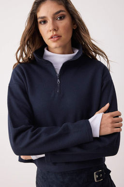 Lacivert Selanik/Triko Gorunumlu Fermuarl? Yaka Regular/Normal Kal?p Orme Sweatshirt TWOAW22SW0732