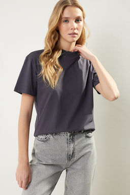 Antrasit-Turuncu 2li Paket Basic Dik Yaka Orme T-Shirt TWOSS20TS1500