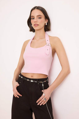 Pembe Boyundan Baglamal? Kemer Detayl? Fitted/Vucuda Oturan Orme Bluz TWOSS24BZ00580