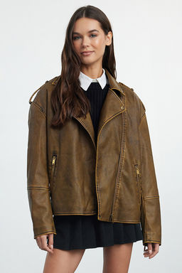 Kahverengi Oversize Kal?p Y?kama Efekctli Suni Deri Biker Ince Ceket Mont TWOAW25MO00010