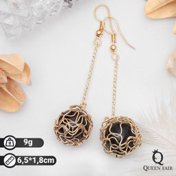 Серьги висячие Шар плетёный, цвет чёрный в золоте, 6,5см