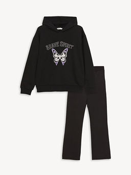 Bask?l? Uzun Kollu K?z ?ocuk Hoodie ve Tayt