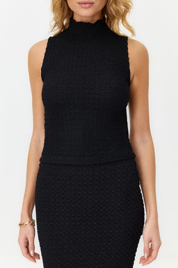 Siyah Dik Yaka Dokulu Kumas Fitted/Vucuda Oturan Esnek Orme Orme Bluz TWOSS24BZ00066 - Trendyolmilla фото 11