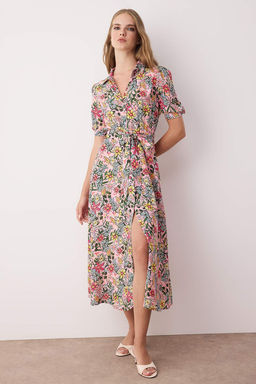 Lila Cicek Desenli Kusakl? Midi Dokuma Viskon Gomlek Elbise TWOSS20EL1559