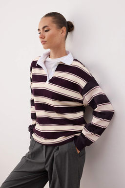 Cok Renkli Cizgili Polo Yaka Oversize/Genis Kal?p Orme Sweatshirt TWOAW26SW00245