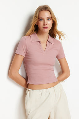 Trendyolmilla Siyah Fitted/Vucuda Oturan Crop Polo Yaka Fitilli Esnek Orme Bluz TWOSS21BZ0038  фото 2