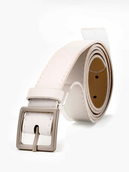 Ремень женский, 110×3 см, квадратная матовая металлическая пряжка, серебристая, белый