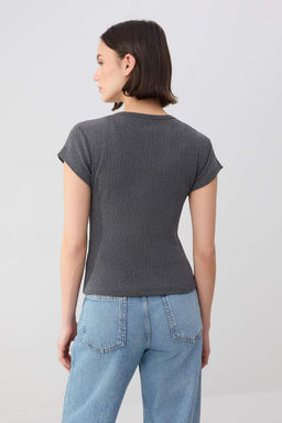 Wardrobe Essentials-Antrasit Fitted/Vucuda Oturan Polo Yaka Fitilli Esnek Orme Bluz TWOSS26BZ00357