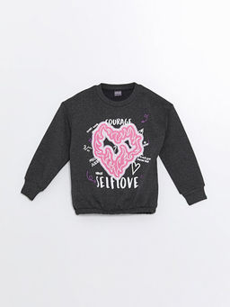 Bisiklet Yaka Bask?l? Uzun Kollu K?z ?ocuk Sweatshirt