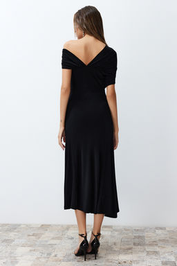 Siyah A-Kesim Asimetrik Yaka Orme S?k Abiye Elbise TPRSS24EL00046