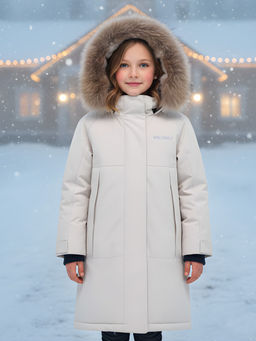 Парка зимняя подростковая для девочки с капюшоном и мехом бежевого цвета 9536B