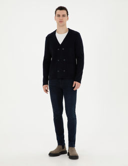 Koyu Lacivert Slim Fit Y_n Kar___ml_ D__meli Triko H_rka