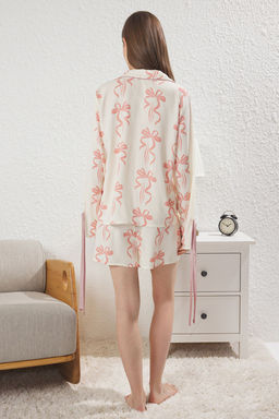 Trendyolmilla Ekru Baglamal?/Kurdele/Fiyonklu ve Biyeli Viskon Sortlu Dokuma Pijama Tak?m? THMSS24PT00047  фото 22