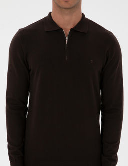 Koyu Kahverengi Slim Fit Polo Yaka Fermuarl_ Basic Triko Kazak - Pierre cardin фото 6