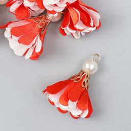 Декор текстиль Цветок 2 с жемчужиной. Красный и белый, набор 6 шт., 3 см