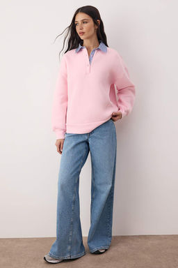 Pembe Dokuma Garni Detayl? Oversize Kal?p Polo Yaka Kal?n Polarl? Orme Sweatshirt TWOAW26SW00116