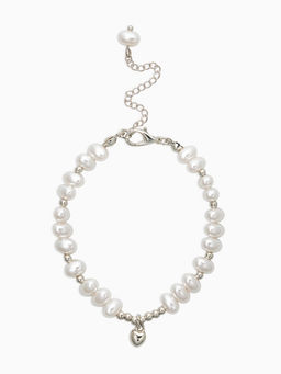 Браслет жемчуг «Рисинки с сердцем», L=18 см, белый в серебре