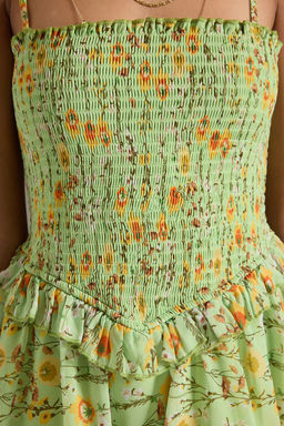 Ac?k Yesil Cicekli Etegi Belden Ac?lan Gipeli Astarl? Sifon Mini Elbise Ucus Ucus TWOSS25EL00724 - Trendyolmilla фото 3