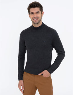 Antrasit Melanj Slim Fit Yar_m Bal_k__ Yaka Basic Triko Kazak
