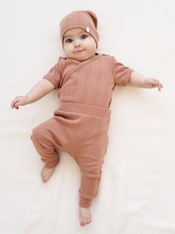 Боди-кимоно с коротким рукавом "Корица" из ажурного хлопка 0+