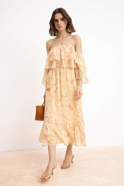 Cok Renkli Carmen Yaka Cicekli Sifon Astarl? Maxi Dokuma Elbise TWOSS26EL00231