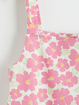 Kare Yaka ?i?ekli K?z ?ocuk Poplin Elbise