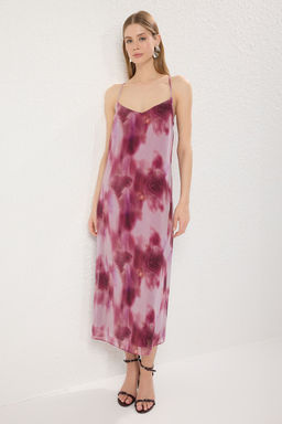 Bordo Soyut Desenli A Kesim Sifon Ucus Ucus Dokuma Maxi Elbise TWOSS25EL00437