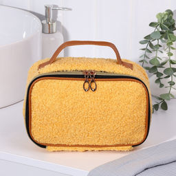 Косметичка-сундучок на молнии, на подкладке, плюшевая, с ручкой, жёлтая