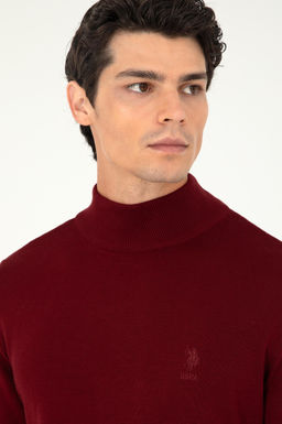 Erkek Slim Fit Yar_m Bo_azl_ Bordo Basic Kazak