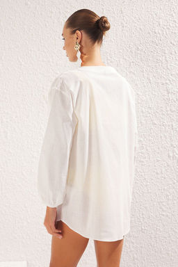 TRENDYOLMILLA Ekru Dokuma Balon Kollu Keten Gorunumlu Plaj Gomlegi TBESS25GO00013  фото 5