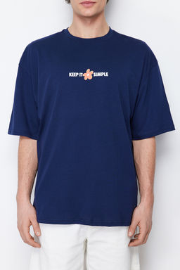 Lacivert Oversize Fit Bisiklet Yaka K?sa Kollu Bask?l? T-Shirt TMNSS22TS0123 - Trendyolmilla фото 4