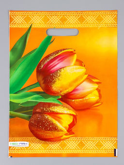 Цена за 25 шт. Пакет подарочный Желтые тюльпаны, полиэтиленовый с вырубной ручкой 30?40 см, 60 мкм