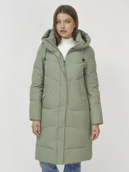 Куртка зимняя с капюшоном удлиненная стеганная зеленого цвета 9650Z