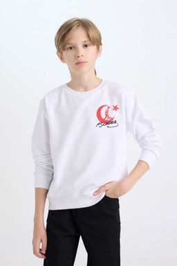 Белый свитшот с круглым вырезом стандартного кроя для мальчиков с принтом Ататюрка и вышивкой - Defacto фото 3