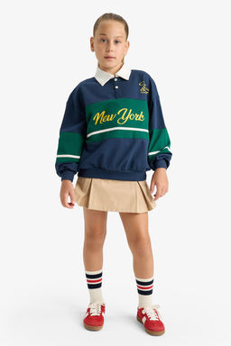 %100 Pamuk Relax Fit Polo Yaka Bask_l_ Okul Sweatshirt K_z _ocuk - Defacto фото 4
