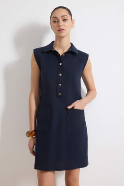 Lacivert Duz Kesim Cepli Gomlek Yaka Keten Gorunumlu Mini Dokuma Elbise TWOSS22EL1068